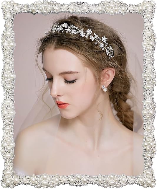 8x10 Picture Frame with Pearl for Wedding, Silver Plated with HD Acylic Finish Photo Frames with Rhinestones for Horizontal and Vertical Decor Tabletop Display