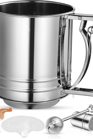 4 in1 Flour Sifter Stainless Steel, 5 Cup Flour Sifter for Baking, Sifter for Baking with Powdered Sugar Duster Set, Flour Shaker Duster for Baking Cakes, Pies, Pastries, Desserts and Cupcakes