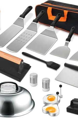 18PCS Griddle Accessories Kit, Flat Top Grill Accessories Set for Blackstone and Camp Chef, Grill Spatula Set with Enlarged Spatulas, Basting Cover, Scraper for Outdoor BBQ