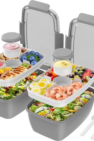 Cherrysea 2Pack Salad Lunch Container, 68oz Salad Bowls with 4 Compartments Tray,Leak Proof Lunch Box with Fork for Men,Women BPA-Free Snack Container with Sauce Container for Dressings-Grey