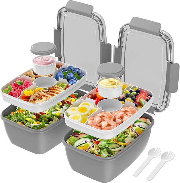 Cherrysea 2Pack Salad Lunch Container, 68oz Salad Bowls with 4 Compartments Tray,Leak Proof Lunch Box with Fork for Men,Women BPA-Free Snack Container with Sauce Container for Dressings-Grey