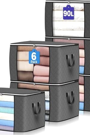 90 L Large Storage Bags, 6 Pack Clothes Storage Bins Foldable Closet Organizers Storage Containers with Reinforced Handle for Clothing, Blanket, Comforters, Bed Sheets, Pillows and Toys (Gray)