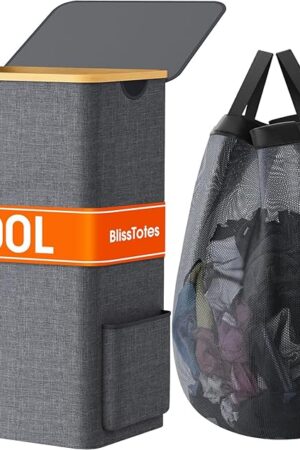 BlissTotes Laundry Basket with Lid, 100L Clothes Laundry Hamper with Handles and Removable Laundry Bag, Breathable Design Hamper with Lid for Bedroom, Bathroom, Dorm, Laundry Room - Light Grey