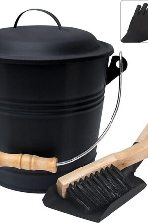BRIAN & DANY Mini Ash Bucket with Lid and Shovel, 1.3 Gallon Fireplace Bucket with Broom, Ash Can for Fireplace, Ashes, Fire Pit, Wood Burning Stove