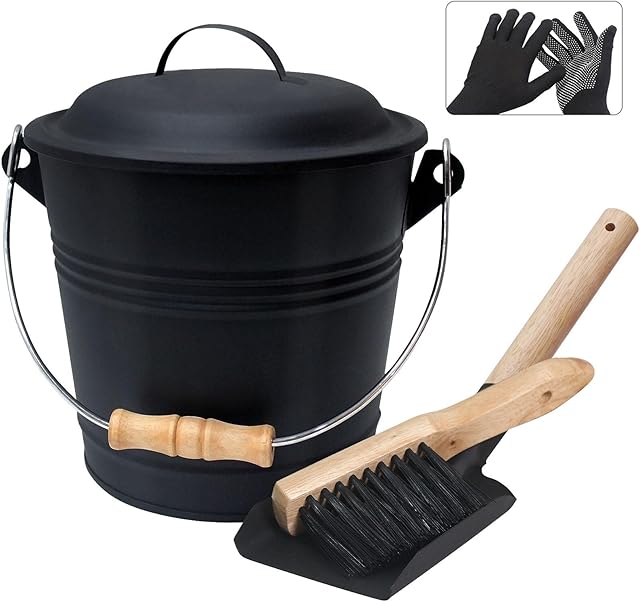 BRIAN & DANY Mini Ash Bucket with Lid and Shovel, 1.3 Gallon Fireplace Bucket with Broom, Ash Can for Fireplace, Ashes, Fire Pit, Wood Burning Stove