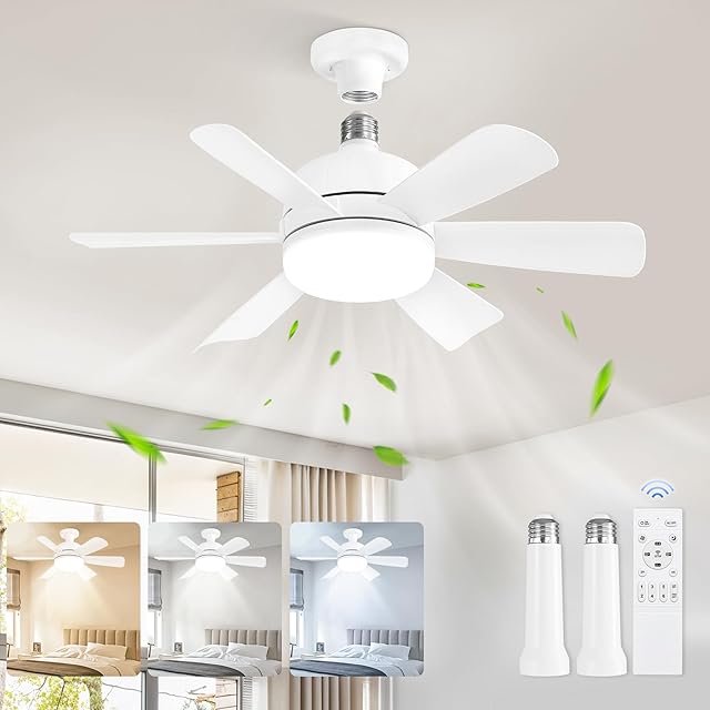ZMISHIBO Socket Fan Light 17.9 Inch 3 Colors Light Socket Ceiling Fan White