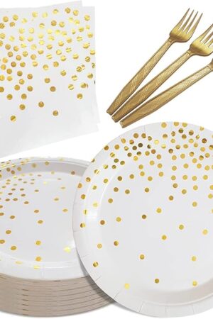 White and Gold Paper Plates Napkins Party Supplies,Disposable Gold Dot Paper Dessert Plates,105 PCS Birthday Plates and Napkins Party Supplies for Wedding(Serves 35 Guests 7")