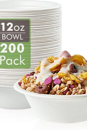 Vplus 200 Pack 12 OZ Paper Bowls, Disposable Compostable Bowls Bulk, Eco-friendly Bagasse Bowls, Heavy-duty Bowls Perfect for Milk Cereals, Snacks, Salads