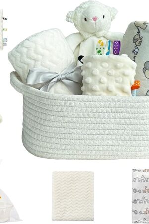 CREVENT Baby Welcome Gift Set Storage Basket with 2 Blankets+ 1 Security Blanket + 1 Taggie + 1 Gift Bag with Ribbon (Ivory)