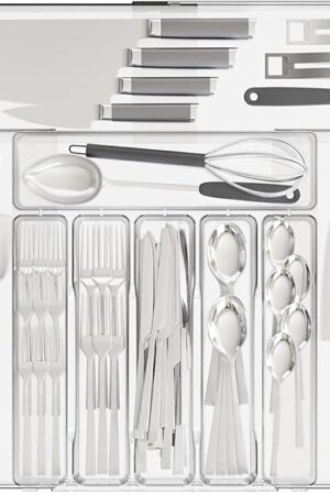 Clear Expandable Silverware Organizers for Kitchen Drawers,Large BPA Free Cutlery Organizer in Drawer,Plastic Utensil Drawer Organizer Suitable as Flatware,Knife,Fork,Spoon,Silverware Holder and Tray