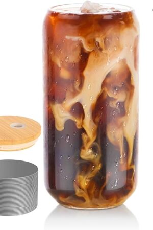 BEWAVE Drinking Glass, 16oz Can Shaped Glasses Cups, Iced Coffee Glasses, Beer Tumbler, for Whiskey, Soda, Tea, Juice, Gift, with Lid, Straw and Sleeve, 1 Pc