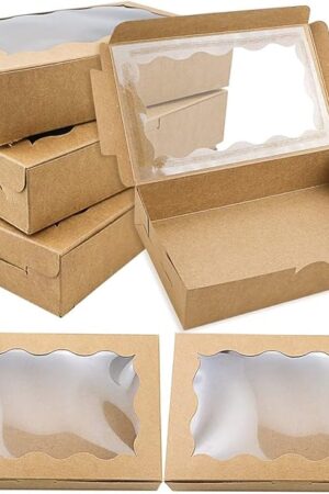 BILLIOTEAM 30 Pack 7" x 4 3/8" x 1 1/2" Small Kraft Cookie Boxes with Clear Window - Ideal for Desserts, Pastries & Candies - Perfect for Weddings, Parties & More