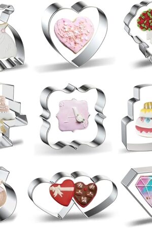Wedding Cookie Cutters Shapes Set for Baking 9-Piece Square Plaque, Wedding Cake, Wedding Dress, Diamond Ring, Double Heart, Jewel Gemstone, Flower Bouquet, Heart Cookie Cutter Biscuit Fondant Molds
