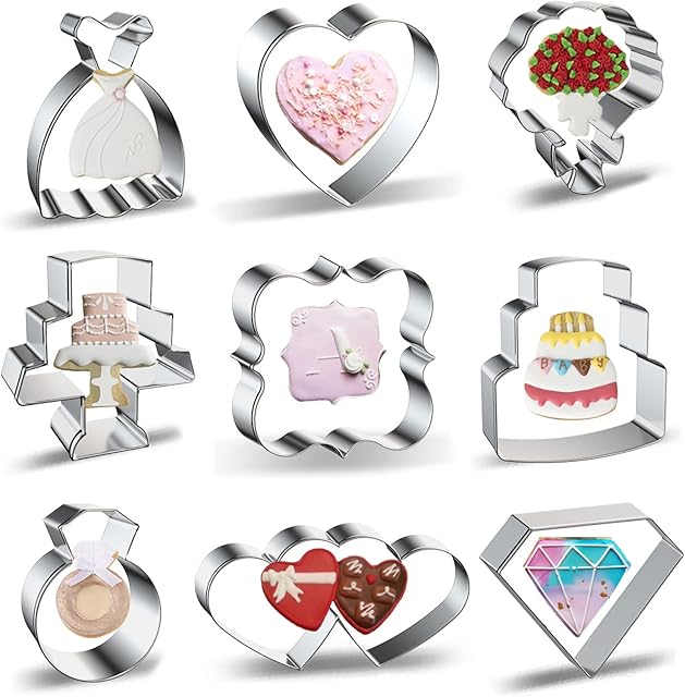 Wedding Cookie Cutters Shapes Set for Baking 9-Piece Square Plaque, Wedding Cake, Wedding Dress, Diamond Ring, Double Heart, Jewel Gemstone, Flower Bouquet, Heart Cookie Cutter Biscuit Fondant Molds