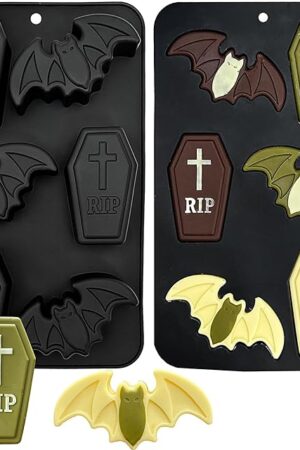 2Pack Halloween Coffin Chocolate Silicone Mold, 2 Pack Large Tombstone Bat Baking Pan Halloween Ice Cube Mold for Jelly Candy Soap Candle Cake Cupcake Decoration