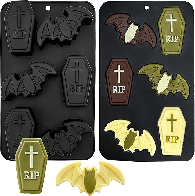 2Pack Halloween Coffin Chocolate Silicone Mold, 2 Pack Large Tombstone Bat Baking Pan Halloween Ice Cube Mold for Jelly Candy Soap Candle Cake Cupcake Decoration