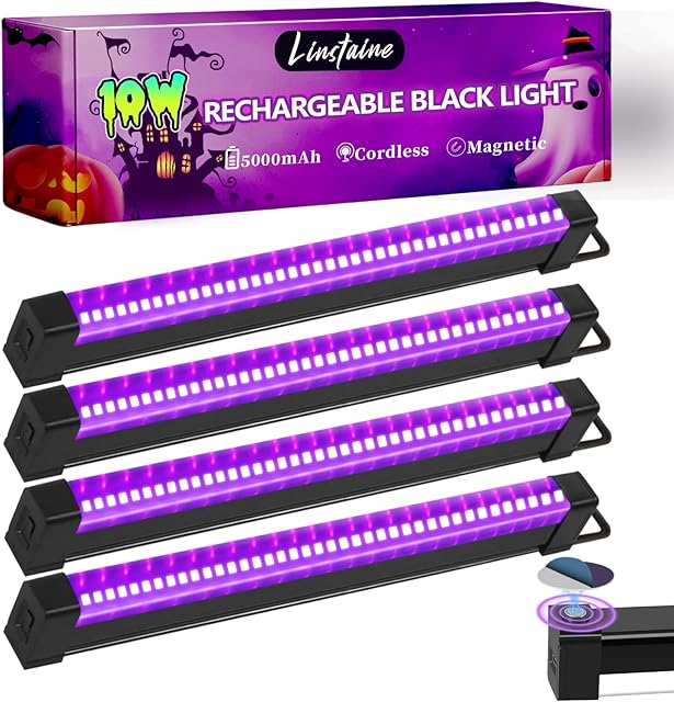 4 Pack Rechargeable Black Light Bar, 5000mAh Large Capacity Battery Powered Black Lights for Glow Party, Portable Blacklight Party Supplies for Uranium Glass, Fluorescent Poster, Bedroom, Halloween