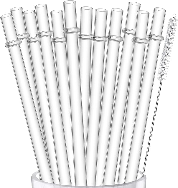 ALINK 12-Pack Reusable Hard Plastic Clear Straws, 10.5 inch Long Tumbler Straws for 16 OZ 20 OZ 30 OZ Stanley, YETI, Starbucks Tumblers with Cleaning Brush