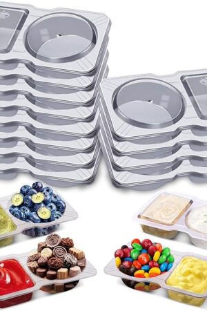 12 Sets Leakproof Dual Compartment Condiment Container with Lid, Reusable Sauce Containers, Dishwasher Safe, Small Organizer Box for Dipping Sauce, Salad Dressing, Lunch Box & On-the-Go