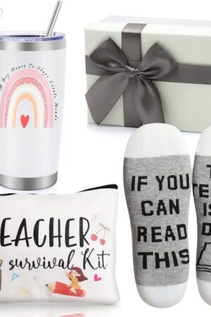 Best Teacher Appreciation Gifts,20 OZ Insulated Tumbler for Women Teacher,Unique Gift Ideas from Students - Funny Socks Thank You Basket Box for New Teachers,Christmas Gifts for Teachers