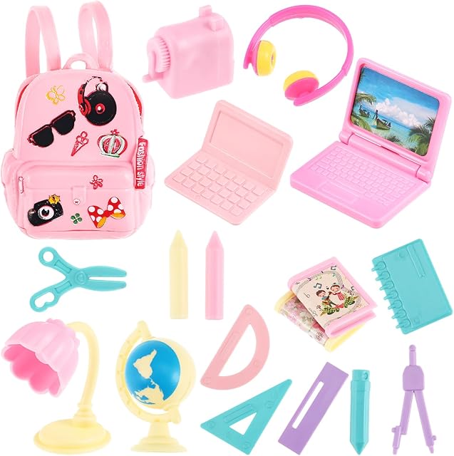 The 18pcs Mini Doll School Supplies: Kids Play Miniature Plastic Stationery Set Model Backpack Laptops Book Paper Ruler Scissors Doll House Accessories Set