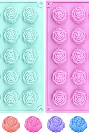 2 Pcs Rose Silicone Fondant Molds 15 Cavity Flower Cake Resin Mold Candy Chocolate Ice Cube Fondant Molds Kitchen Baking Tools for Sugarcraft Cake Decorating