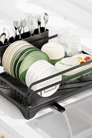 Dish Drying Rack for Kitchen Counter - Large Dish Rack with Drainboard, Rustproof Dish Drainer with Drainage Spout & Utensil Holder for Sink, Black