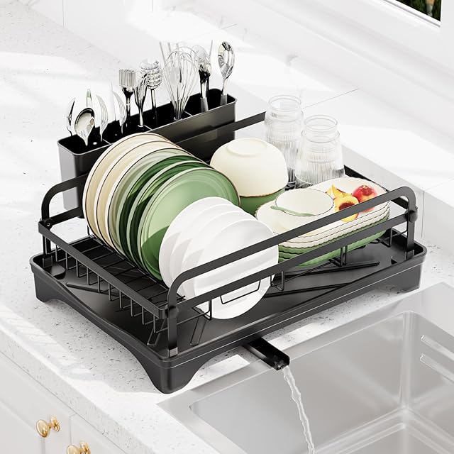 Dish Drying Rack for Kitchen Counter - Large Dish Rack with Drainboard, Rustproof Dish Drainer with Drainage Spout & Utensil Holder for Sink, Black