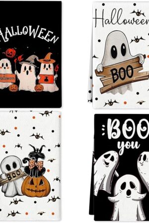 4 Pcs Halloween Kitchen Towels 15.7x23.6 Inches Funny Hand Towels for Bathroom Spooky Boo Ghost Dish Cloths Pumpkin Bat Ghost Halloween Bathroom Decortions Housewarming Gift for Home Wall Decor