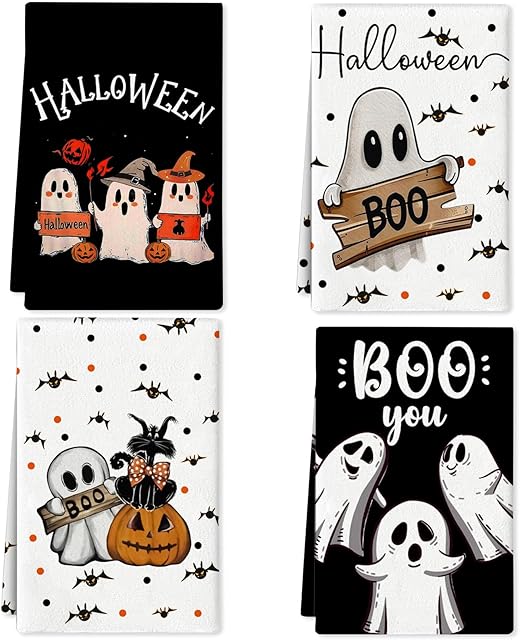 4 Pcs Halloween Kitchen Towels 15.7x23.6 Inches Funny Hand Towels for Bathroom Spooky Boo Ghost Dish Cloths Pumpkin Bat Ghost Halloween Bathroom Decortions Housewarming Gift for Home Wall Decor