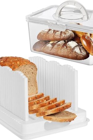 Bread Slicer for Homemade Bread with Bread Box Handle and Lid, 3 Types of Slice Thicknesses Adjustable Slicing Guide with Crumb Tray for Homemade Bagels, Buns, Cakes