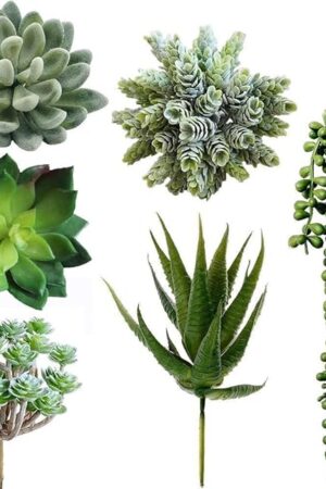 Winlyn 6 Pcs Unpotted Fake Succulents Assorted Faux Succulent in Different Green Artificial Hanging Succulents Textured Faux Succulent Pick Hanging String of Pearls Plant for Wedding Centerpieces