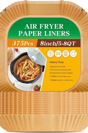 375Pcs Air Fryer Paper Liners, 8" Square Air Fryer Liners Disposable, Heavy-Duty Parchment Paper for 5-8 qt Airfryer, Non-Stick & Non-Leak Paper Liners for Oven Pan, Deep Fryer Parts & Accessories