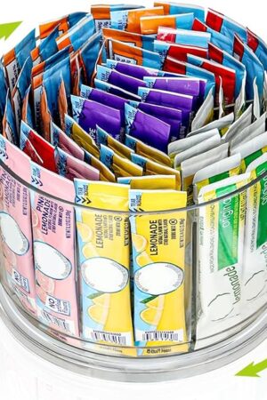AIEVE Drink Packet Organizer, 360° Rotating Lazy Susan Turntable Powdered Drink Mix Holder, Acrylic Water Packet Container for Pantry Organizer Kitchen Storage Organization (Round)