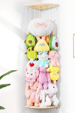 Corner Stuffed Animal Storage Net - Heigh Adjustable Wood Stuffed Animal Organizer - Large Wall Plush Holder Teddy Bear Storage for Bedroom Kids Room Nursery Decor