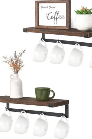 Dahey Wall Mounted Wood Mug Holder Mug Rack Set of 2, Brown