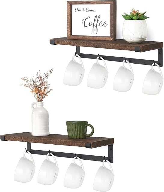 Dahey Wall Mounted Wood Mug Holder Mug Rack Set of 2, Brown