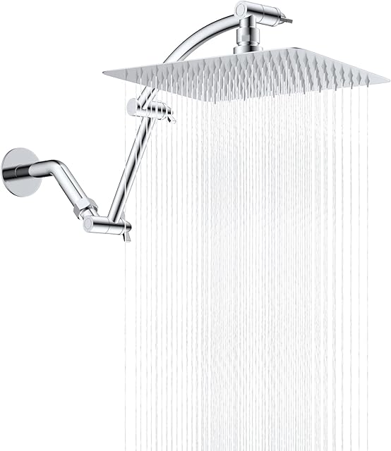 Hibbent All Metal Rain Shower Head, 10'' High Pressure Rainfall Square Showerhead with 16" Shower Head Extension Arm, Solid Brass Adjustable Shower Arm Extender, Waterfall fixed Showerheads, Chrome