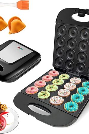 2025 Mini Donut Maker Machine for Home, Kid-Friendly 16-Hole Electric Doughnut and Pancake Maker with Non-Stick Surface, Ideal for Homemade Doughnuts (Black with Mini Oven Gloves & Brush)