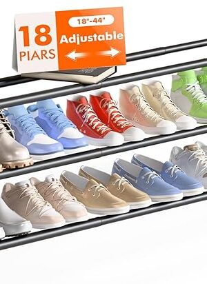 Bumusty 3-Tier Long Expandable Shoe Rack for Closet, 18"-44" Adjustable Shoe Rack for Entryway, 15-18 Pairs Large Shoe Organizer Shelf Storage, Sturdy Metal, Black