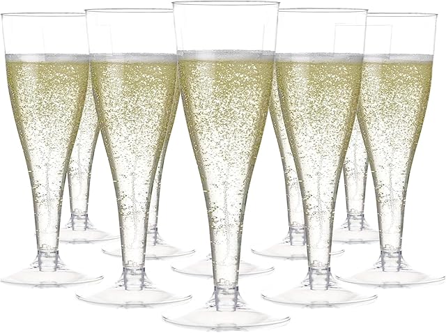 Prestee 100 Pack Clear Plastic Champagne Flutes Disposable - 4.5 oz Durable Champagne Glasses for Parties, Weddings, Toasting and Large Celebrations - Elegant Wine Glasses Stemware for Easy Cleanup