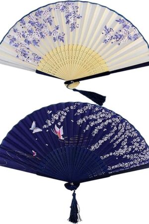Bantoye 2 Pieces Handheld Fans, Silk Folding Fans with Bamboo Frames for Dancing Cosplay Wedding Party Props Decoration, White Blue