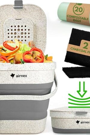 Collapsible Compost Bin Kitchen Counter Caddy - 1 Gallon Countertop Compost Bin with Lid Made of Wheat Straw - Odorless Kitchen Compost Bin Countertop with 20 Compost Bags and 2 Carbon Filters