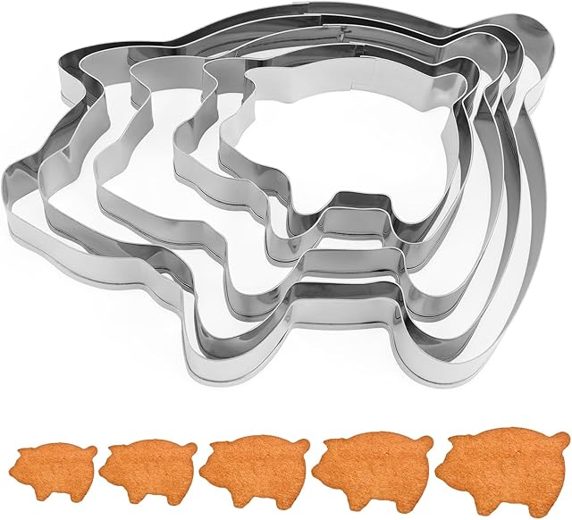 5pcs Pig Cookie Cutters Set, 5 Sizes Stainless Steel Animal Shape Baking Molds for Cookies Concha Cutter Mexican Bread Mold Practical Mexican Baking Supplies (Silver)