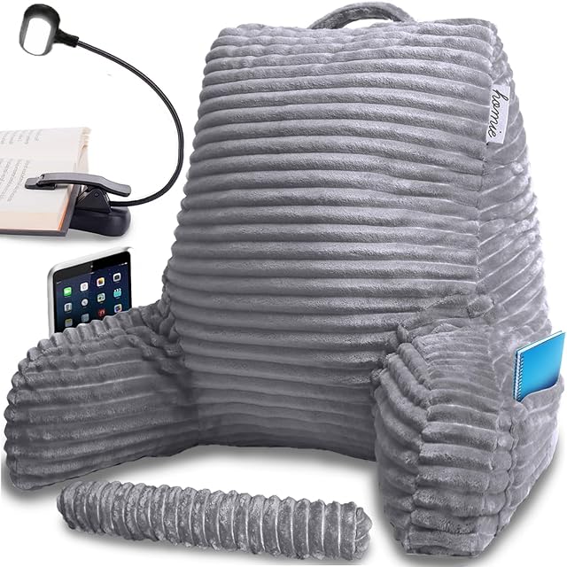 Homie Reading Pillow with Reading Light and Wrist Support, Has Arm Rests, and Back Support for Bed Rest, Lounging, Reading, Working on Laptop, Watching TV (Gray)