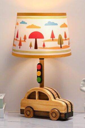 crossmoon Kids' Dimmable Table Lamp, UL/ETL Certified Child Safe Natural Wood Car Stoplight Creative Design, 15 Inch Tall Handmade Small Nursery Lamp, Gift for Toddler Boys Girls (Car)