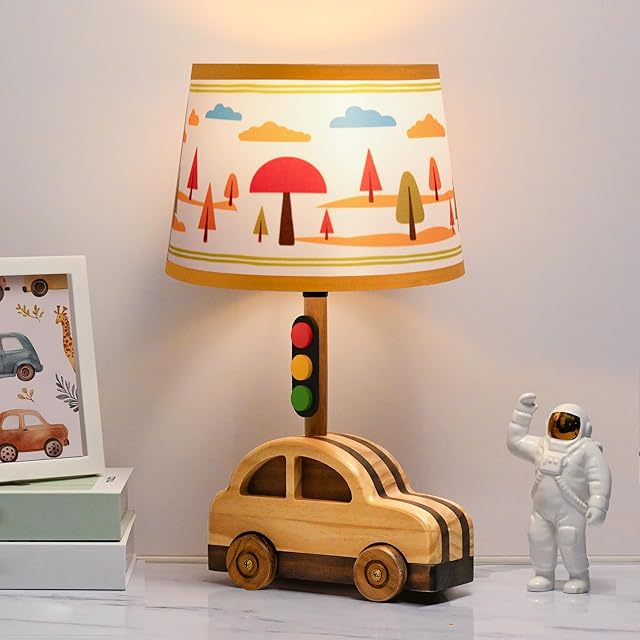 crossmoon Kids' Dimmable Table Lamp, UL/ETL Certified Child Safe Natural Wood Car Stoplight Creative Design, 15 Inch Tall Handmade Small Nursery Lamp, Gift for Toddler Boys Girls (Car)