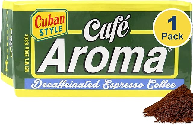 Café Aroma Decaf Dark Roast Espresso Ground Coffee, Authentic Cuban Style Coffee, Vacuum Sealed, 8.8oz, Perfect for Hot and Iced Coffee, 1-Pack