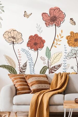 wondever Boho Flower Wall Stickers Wildflower Floral Grass Peel and Stick Wall Art Decals for Living Room Bedroom TV Wall