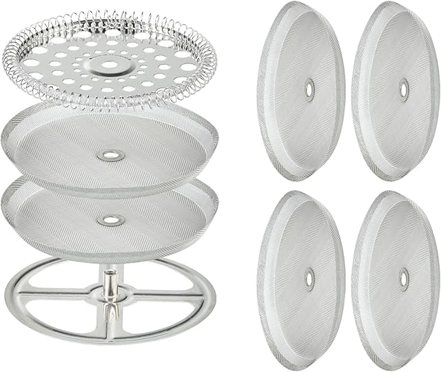 8 Pieces French Press Replacement Parts Stainless Steel Set, 6 Pieces 4in Universal French Press Screen, Containing Spiral Disk and Cross Disk for 34oz/3.75 Inch Wide French Press Coffee Press